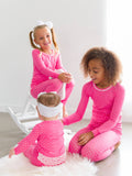 SoftSnooze™ Baby Girls Bamboo Viscose Hot Pink Heart Polka Dot Footed Ruffle One Piece Pajama