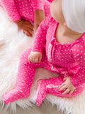 SoftSnooze™ Baby Girls Bamboo Viscose Hot Pink Heart Polka Dot Footed Ruffle One Piece Pajama